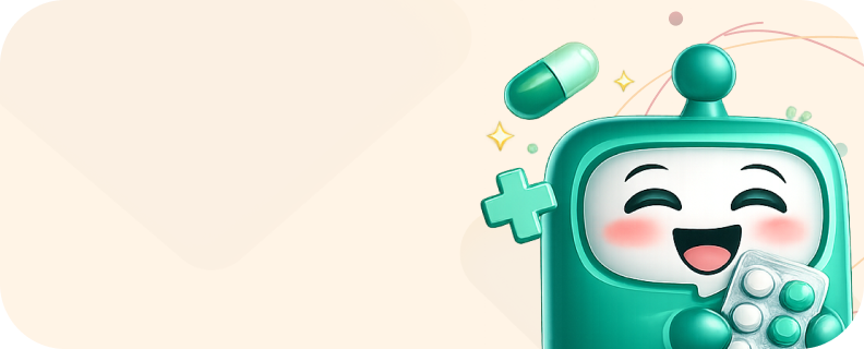Widget — Happy mascot with medication pills, medication taken successfully